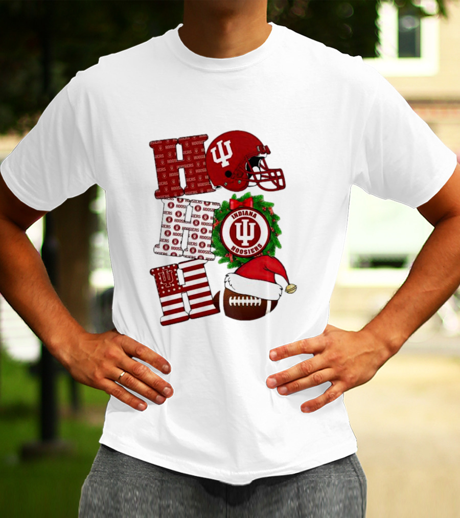 Indiana Hoosiers Christmas Ho Ho Ho Football Helmet Wreath Santa Hat T-Shirt