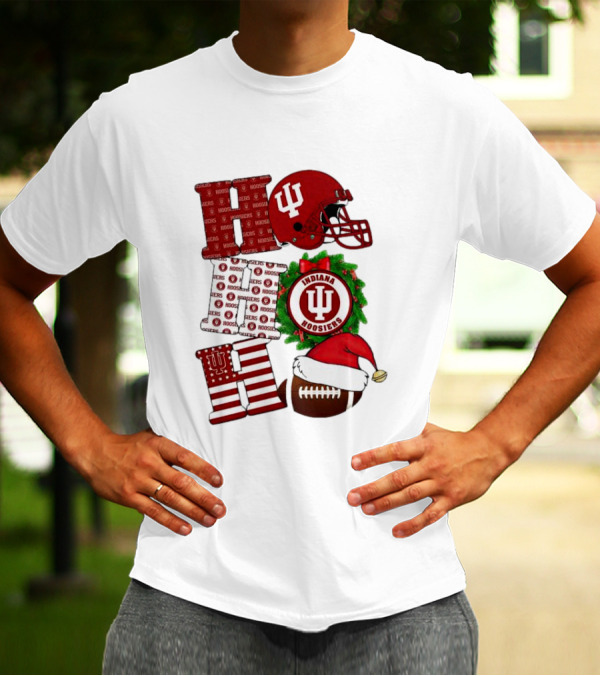 Indiana Hoosiers Christmas Ho Ho Ho Football Helmet Wreath Santa Hat T-Shirt