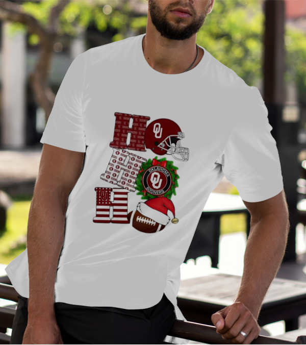 Oklahoma Sooners OU Helmet Wreath Football Santa Ho Ho Ho Christmas T-Shirt