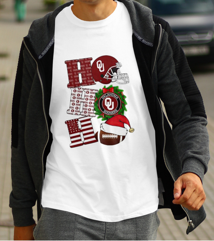 Oklahoma Sooners OU Helmet Wreath Football Santa Ho Ho Ho Christmas T-Shirt