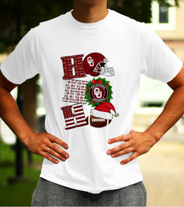 Oklahoma Sooners OU Helmet Wreath Football Santa Ho Ho Ho Christmas T-Shirt