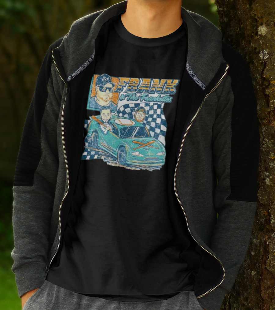 Frank And The Frankettes Racing Car Adventure With Checkered Flags And Cartoon Characters T-Shirt