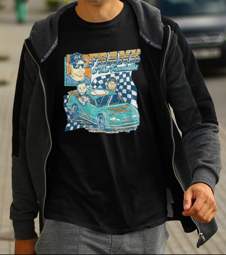 Frank And The Frankettes Racing Car Adventure With Checkered Flags And Cartoon Characters T-Shirt