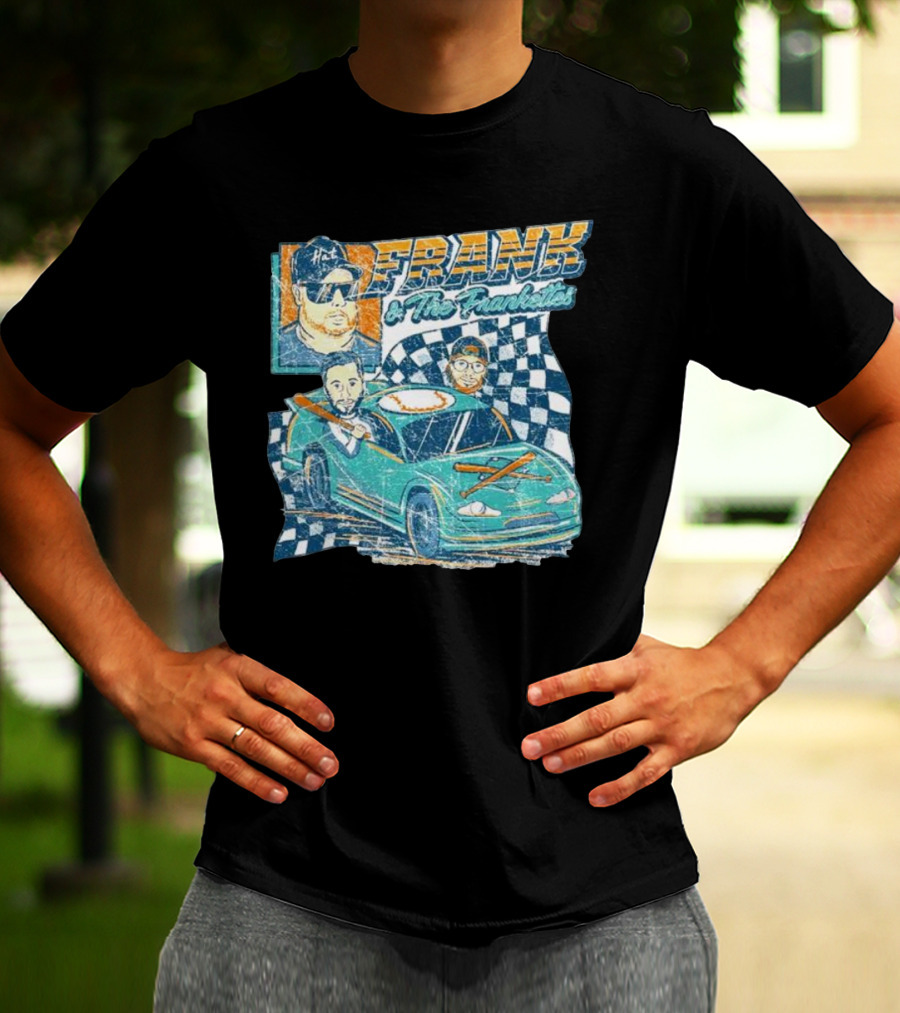 Frank And The Frankettes Racing Car Adventure With Checkered Flags And Cartoon Characters T-Shirt