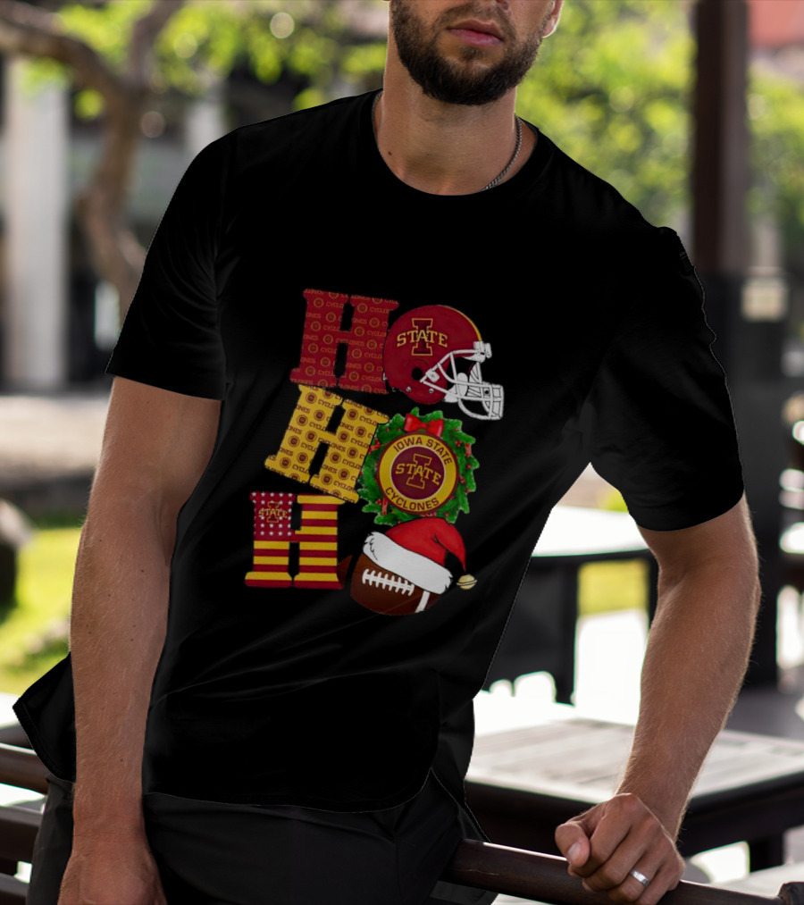 Iowa State Cyclones Christmas Football Helmet And Wreath Ho Ho Ho T-Shirt