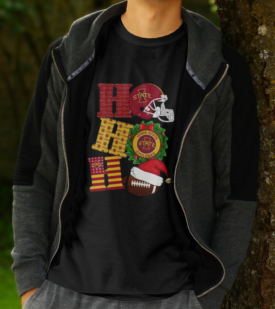 Iowa State Cyclones Christmas Football Helmet And Wreath Ho Ho Ho T-Shirt