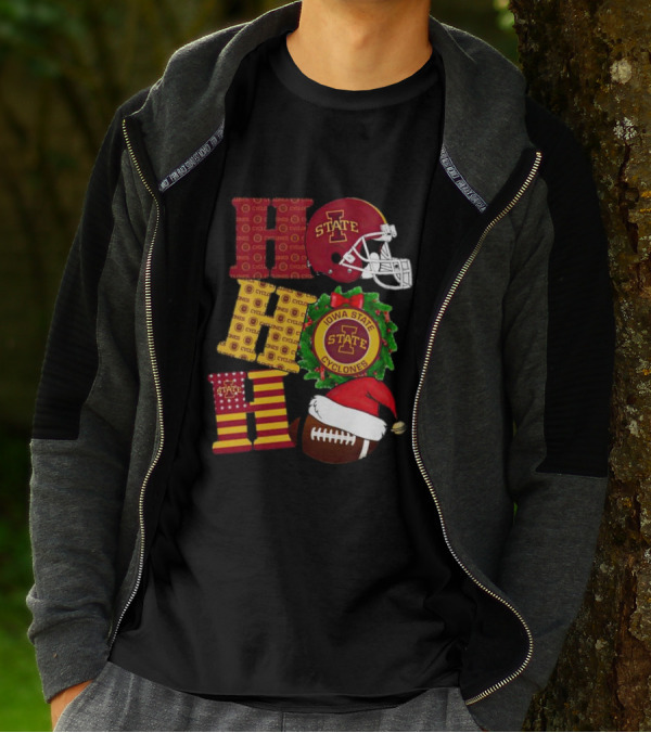 Iowa State Cyclones Christmas Football Helmet And Wreath Ho Ho Ho T-Shirt
