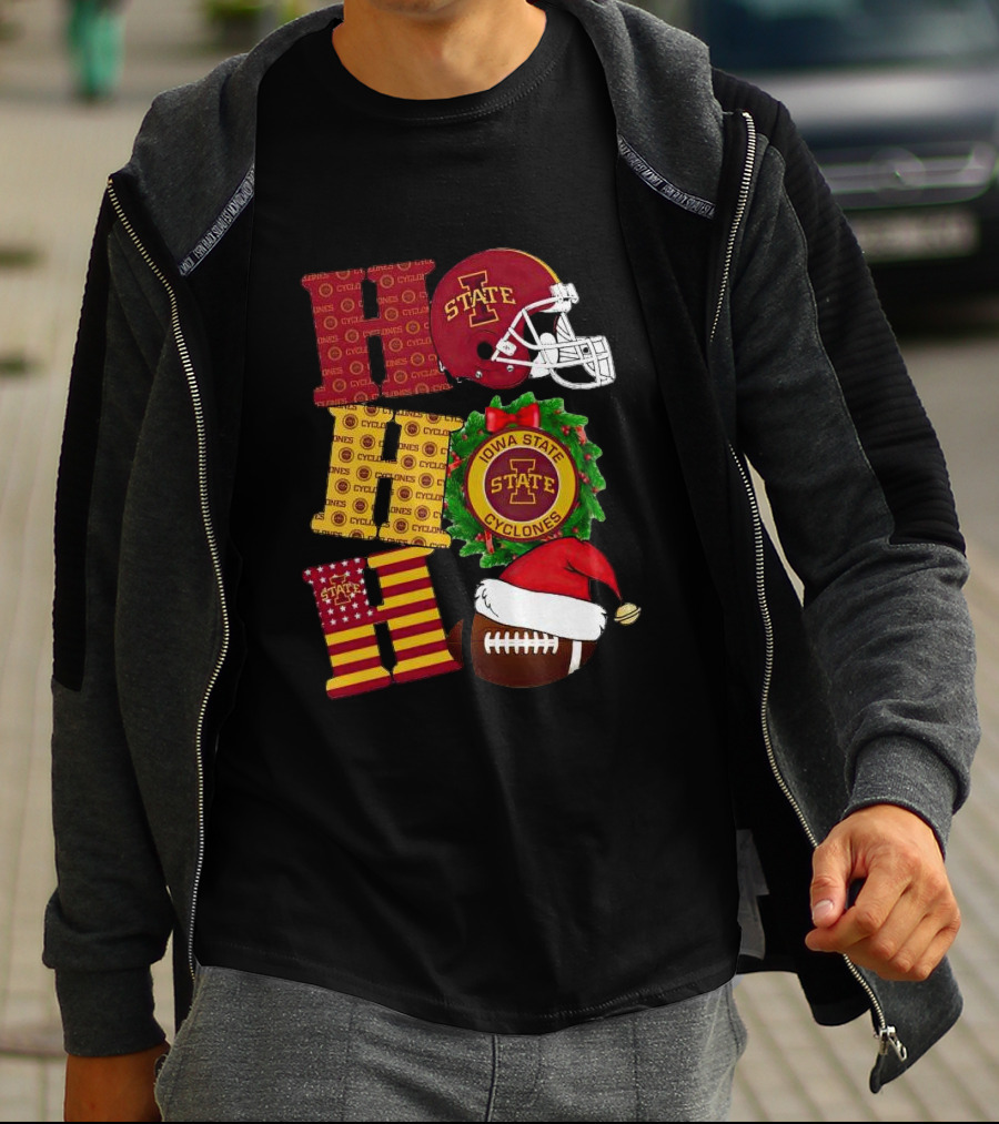 Iowa State Cyclones Christmas Football Helmet And Wreath Ho Ho Ho T-Shirt