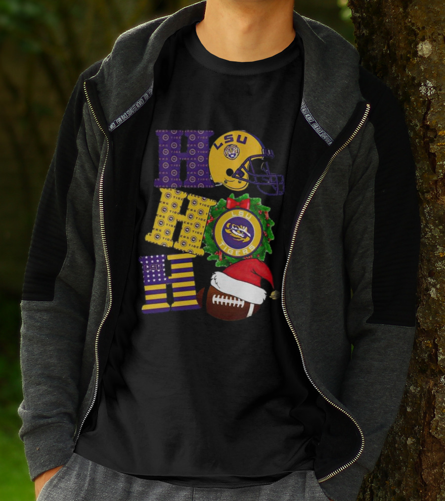 LSU Tigers Christmas Helmet Wreath Football Ho Ho Ho T-Shirt