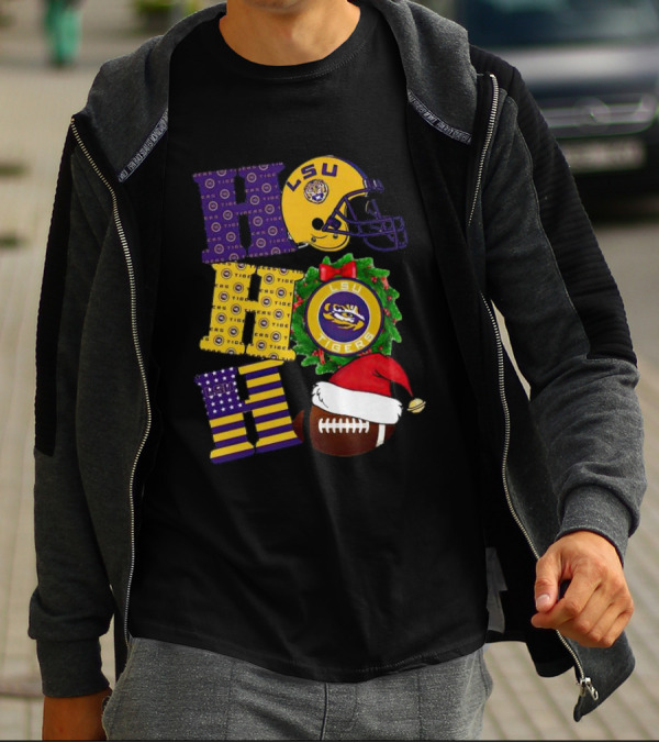 LSU Tigers Christmas Helmet Wreath Football Ho Ho Ho T-Shirt