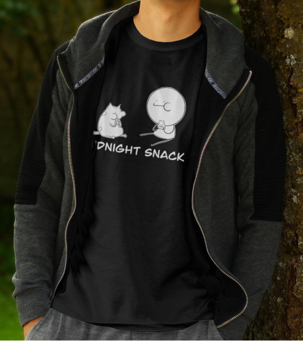 MIDNIGHT SNACK Cat And Stick Figure Eating Pizza T-Shirt