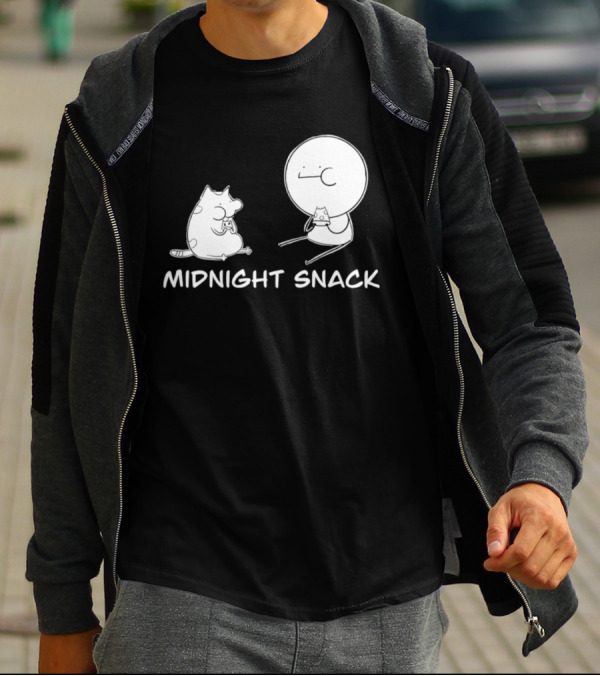 MIDNIGHT SNACK Cat And Stick Figure Eating Pizza T-Shirt