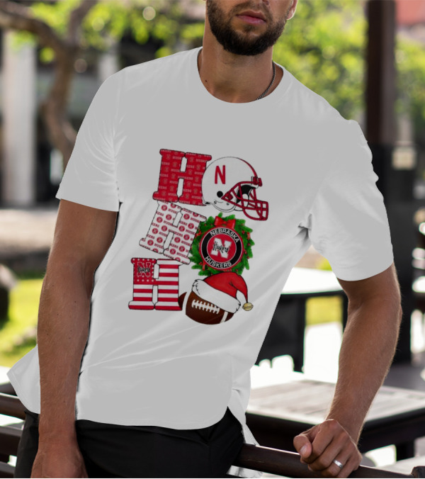 Nebraska Cornhuskers Ho Ho Ho Christmas Football Helmet Wreath Santa Hat Football T-Shirt