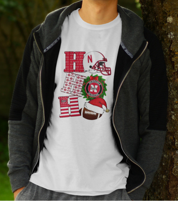 Nebraska Cornhuskers Ho Ho Ho Christmas Football Helmet Wreath Santa Hat Football T-Shirt