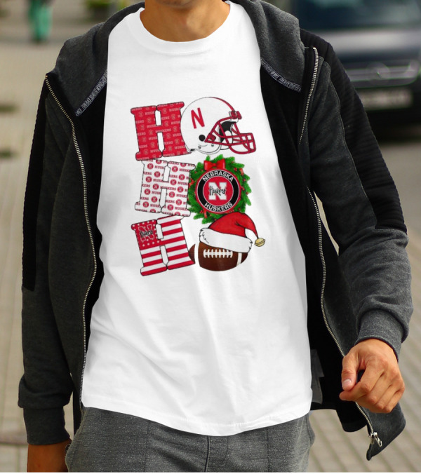 Nebraska Cornhuskers Ho Ho Ho Christmas Football Helmet Wreath Santa Hat Football T-Shirt