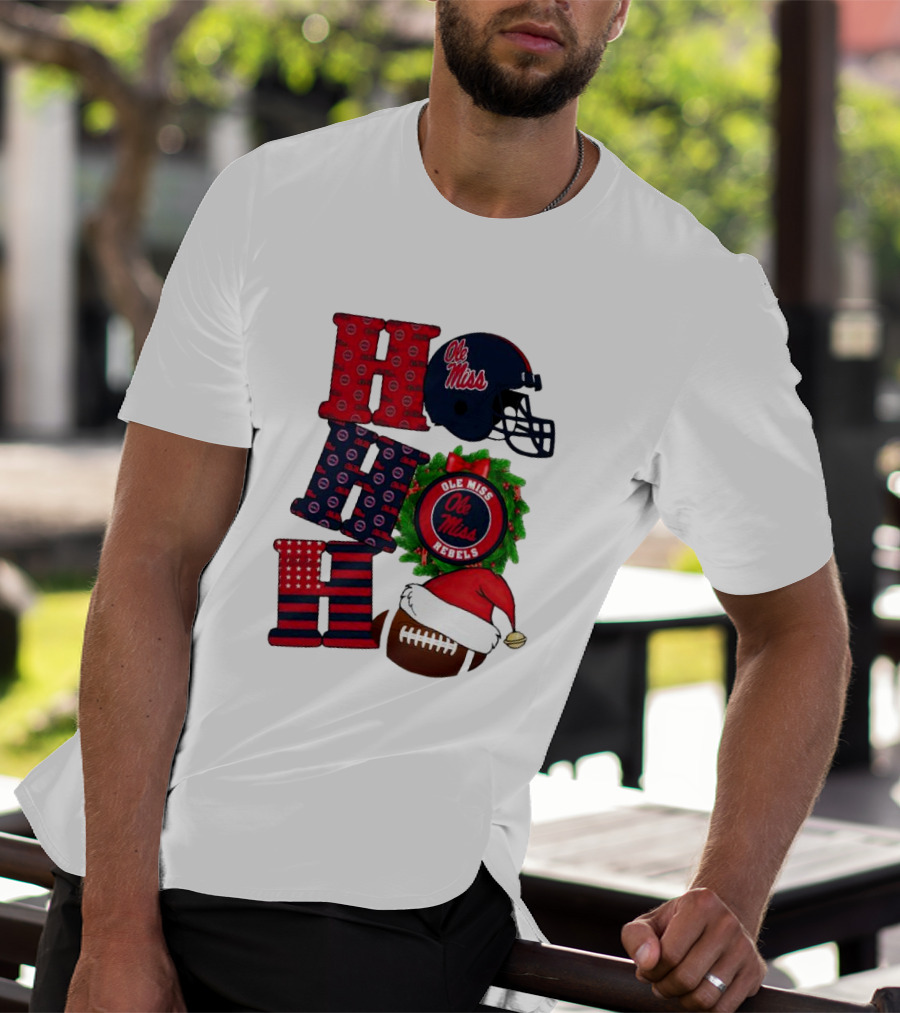 Ole Miss Rebels Christmas Football Helmet Wreath Ho Ho Ho T-Shirt