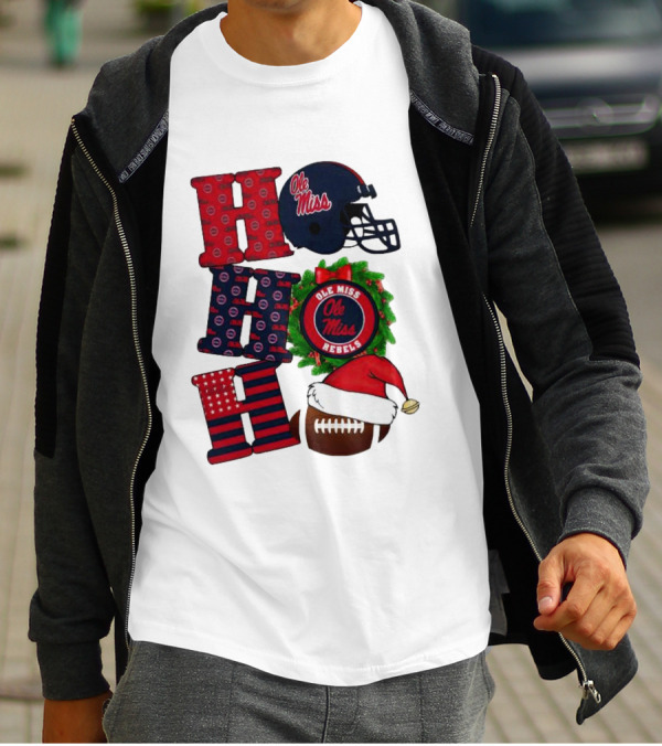Ole Miss Rebels Christmas Football Helmet Wreath Ho Ho Ho T-Shirt