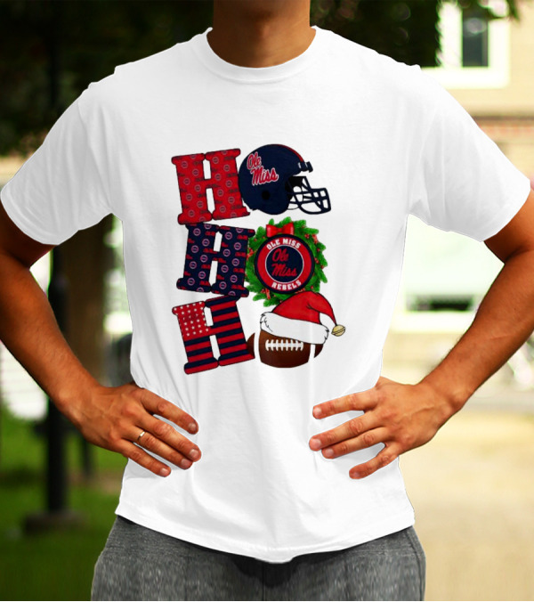 Ole Miss Rebels Christmas Football Helmet Wreath Ho Ho Ho T-Shirt