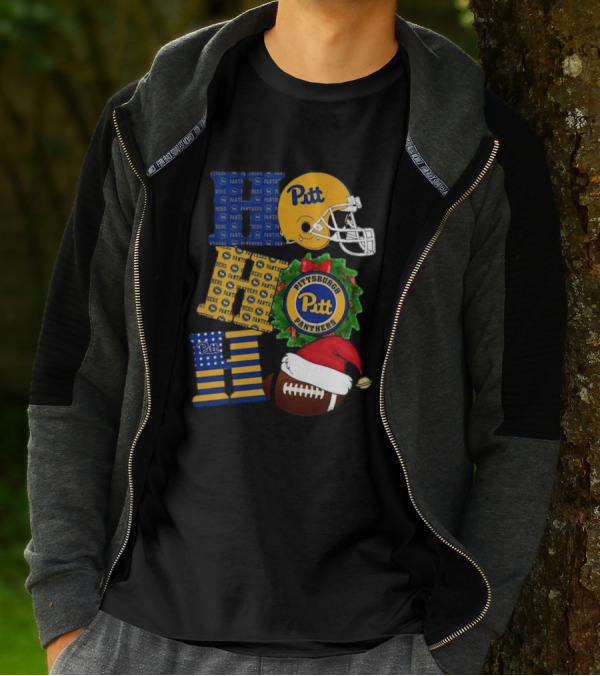 Pitt Panthers Christmas Helmet Wreath Football Ho Ho Ho T-Shirt