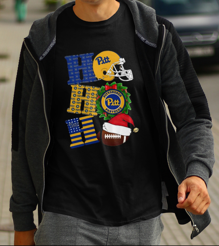 Pitt Panthers Christmas Helmet Wreath Football Ho Ho Ho T-Shirt
