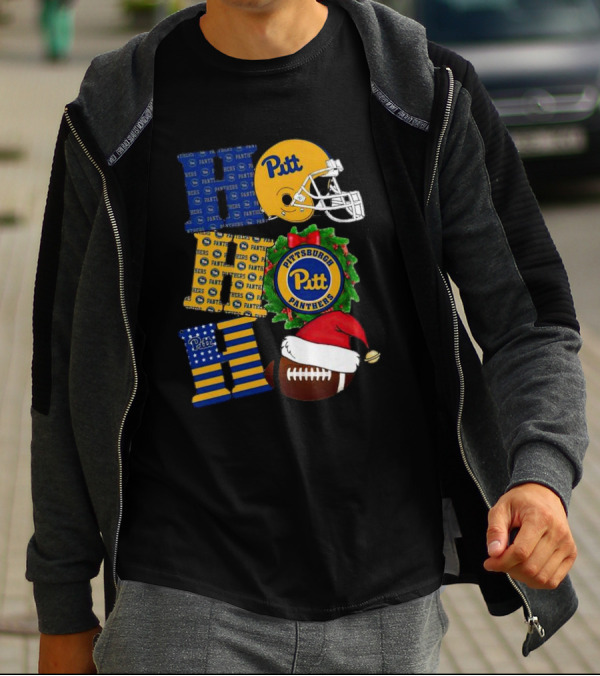 Pitt Panthers Christmas Helmet Wreath Football Ho Ho Ho T-Shirt