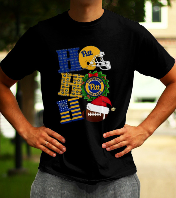 Pitt Panthers Christmas Helmet Wreath Football Ho Ho Ho T-Shirt