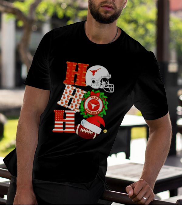 Texas Longhorns Ho Ho Ho Christmas Football Helmet Wreath Santa Hat T-Shirt