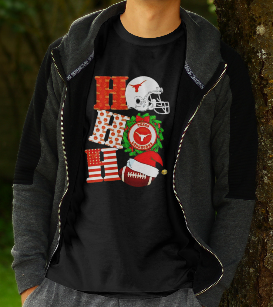 Texas Longhorns Ho Ho Ho Christmas Football Helmet Wreath Santa Hat T-Shirt
