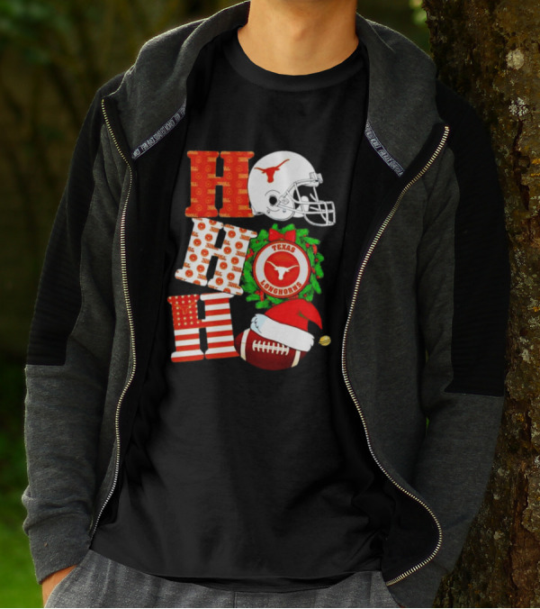 Texas Longhorns Ho Ho Ho Christmas Football Helmet Wreath Santa Hat T-Shirt