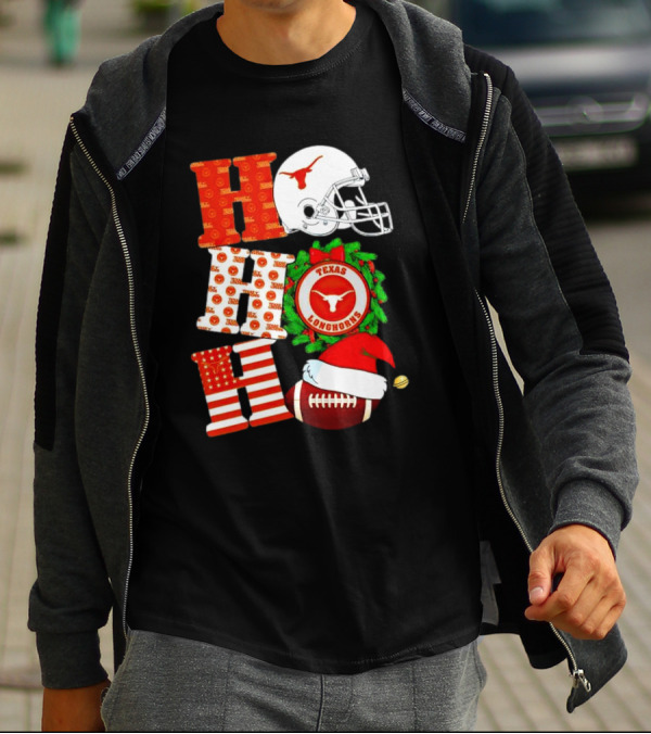 Texas Longhorns Ho Ho Ho Christmas Football Helmet Wreath Santa Hat T-Shirt