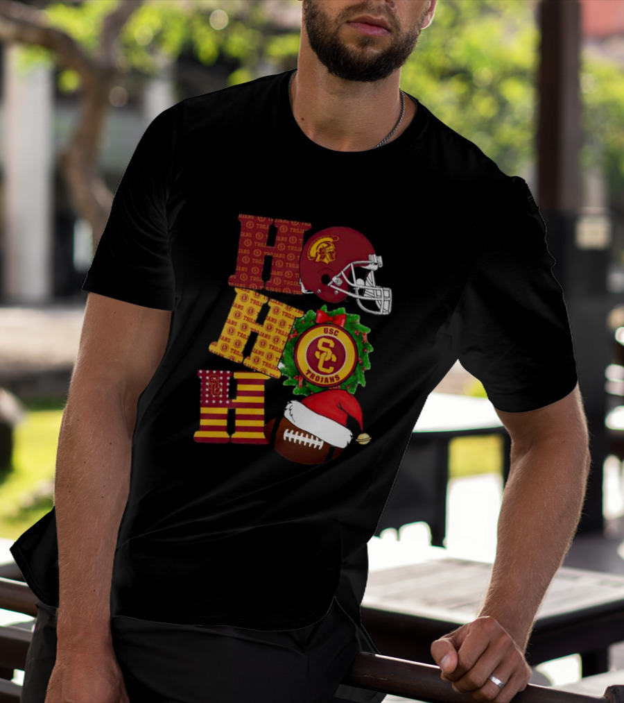 USC Trojans Ho Ho Ho Christmas Helmet Wreath Football Santa Hat T-Shirt