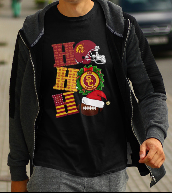 USC Trojans Ho Ho Ho Christmas Helmet Wreath Football Santa Hat T-Shirt