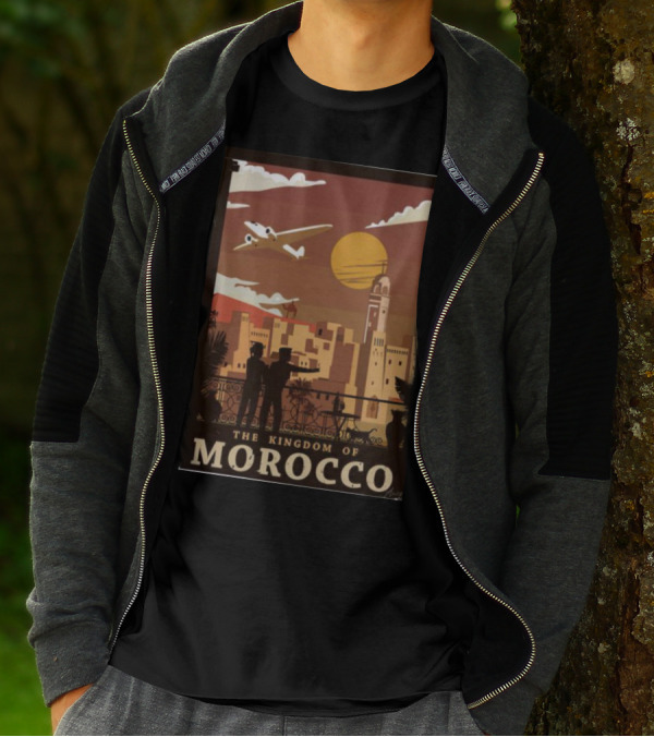 The Kingdom Of Morocco Skyline View With Airplane And Sunset Scene T-Shirt