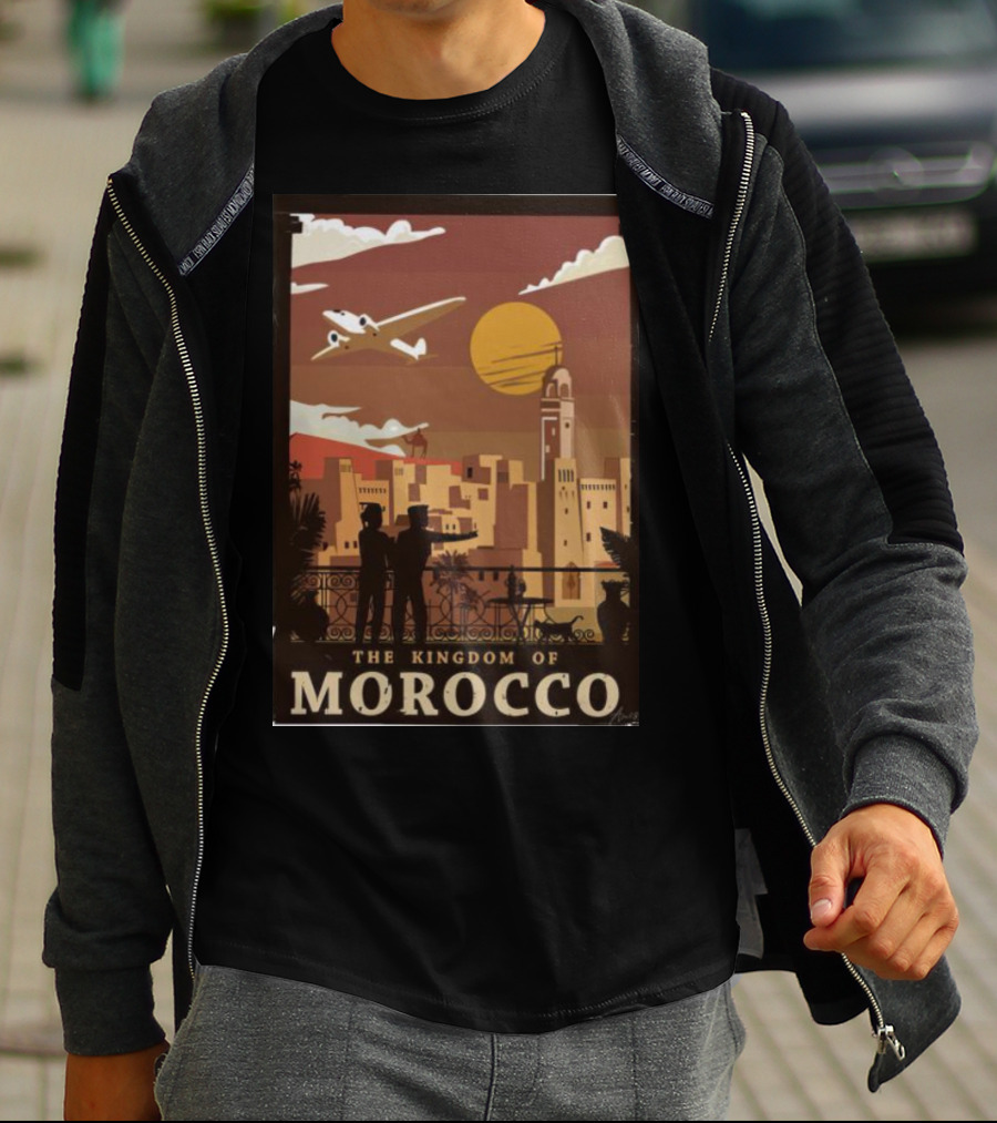 The Kingdom Of Morocco Skyline View With Airplane And Sunset Scene T-Shirt
