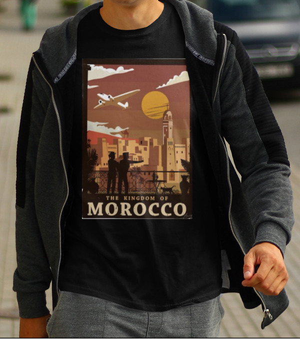The Kingdom Of Morocco Skyline View With Airplane And Sunset Scene T-Shirt