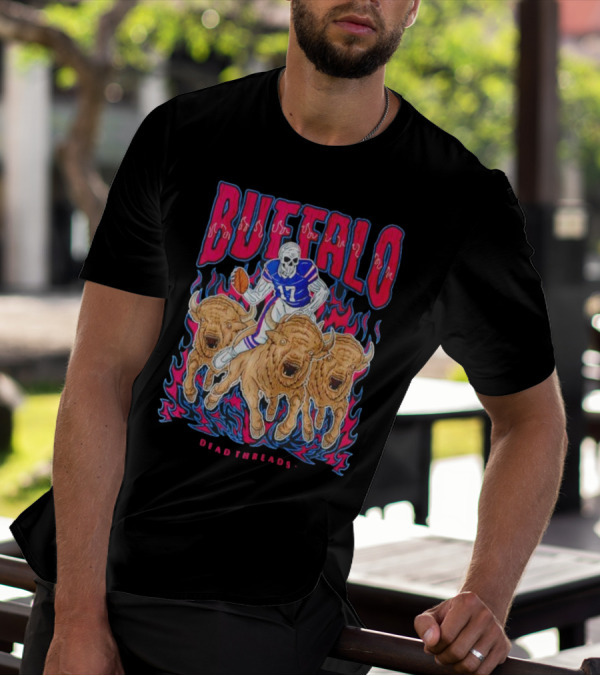 Buffalo Football Dead Threads Skeleton Quarterback Riding Buffalos T-Shirt