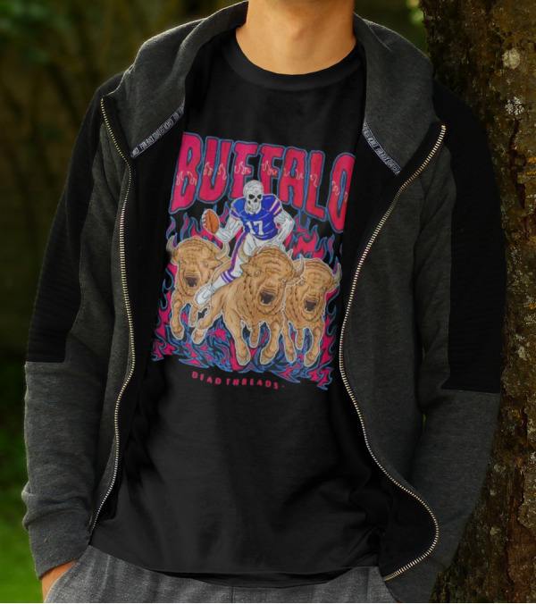 Buffalo Football Dead Threads Skeleton Quarterback Riding Buffalos T-Shirt