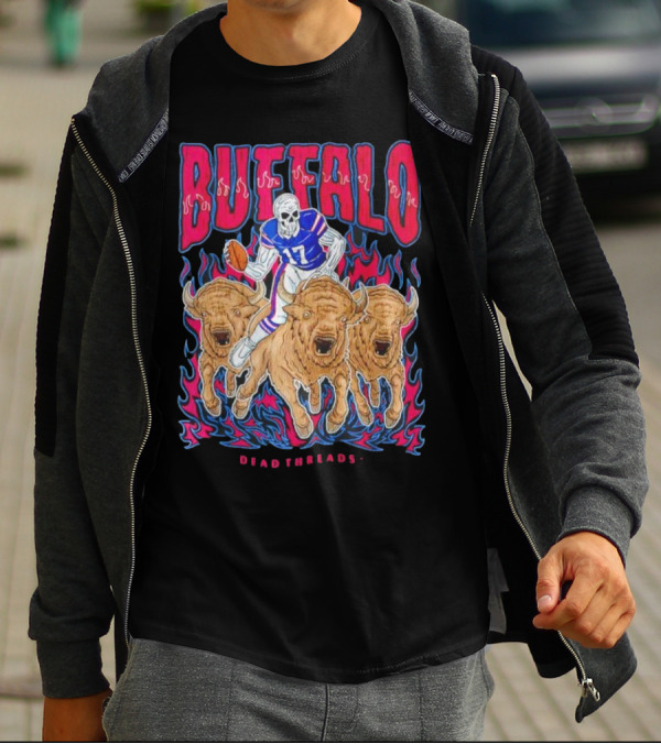 Buffalo Football Dead Threads Skeleton Quarterback Riding Buffalos T-Shirt