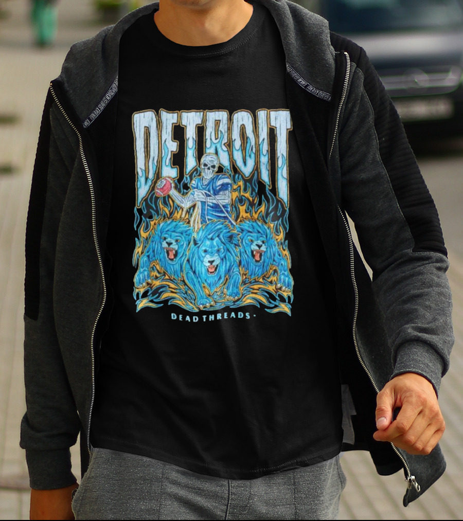Detroit Dead Threads Football Skeleton And Blue Lions T-Shirt