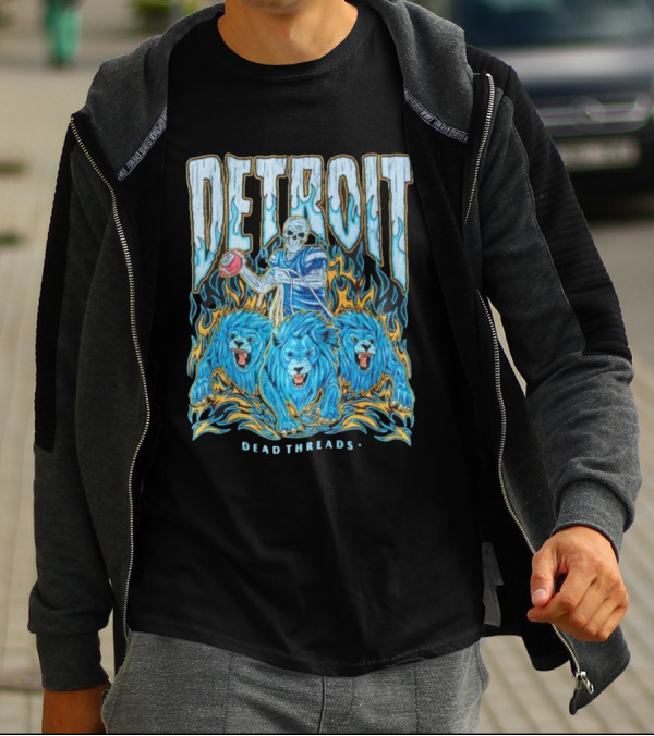 Detroit Dead Threads Football Skeleton And Blue Lions T-Shirt
