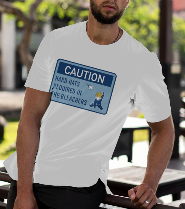 Caution: Hard Hats Required In The Bleachers With Cartoon Worker And Falling Object T-Shirt