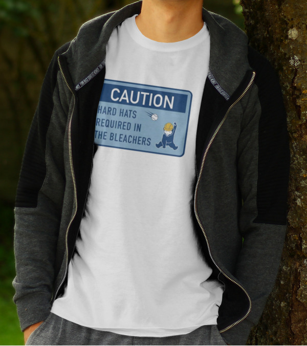 Caution: Hard Hats Required In The Bleachers With Cartoon Worker And Falling Object T-Shirt