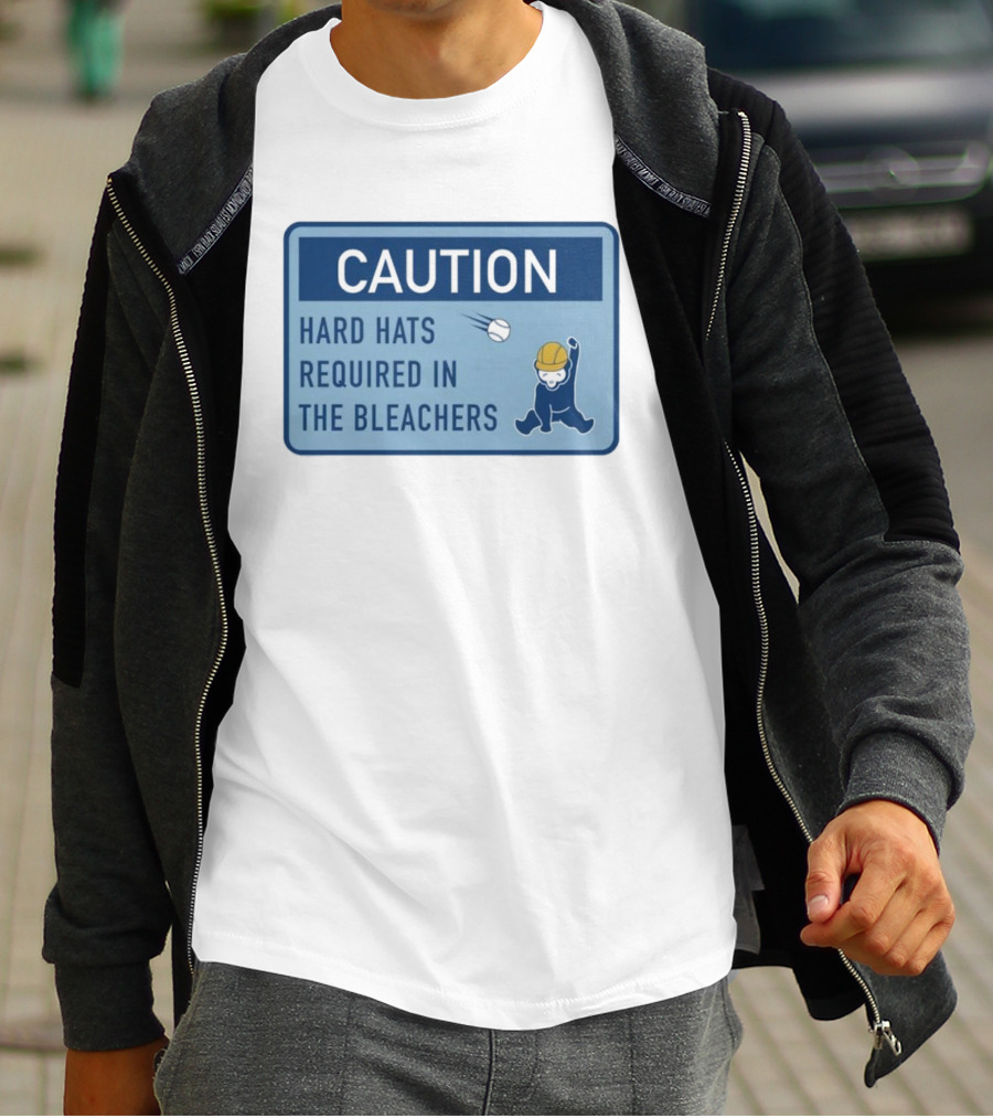 Caution: Hard Hats Required In The Bleachers With Cartoon Worker And Falling Object T-Shirt