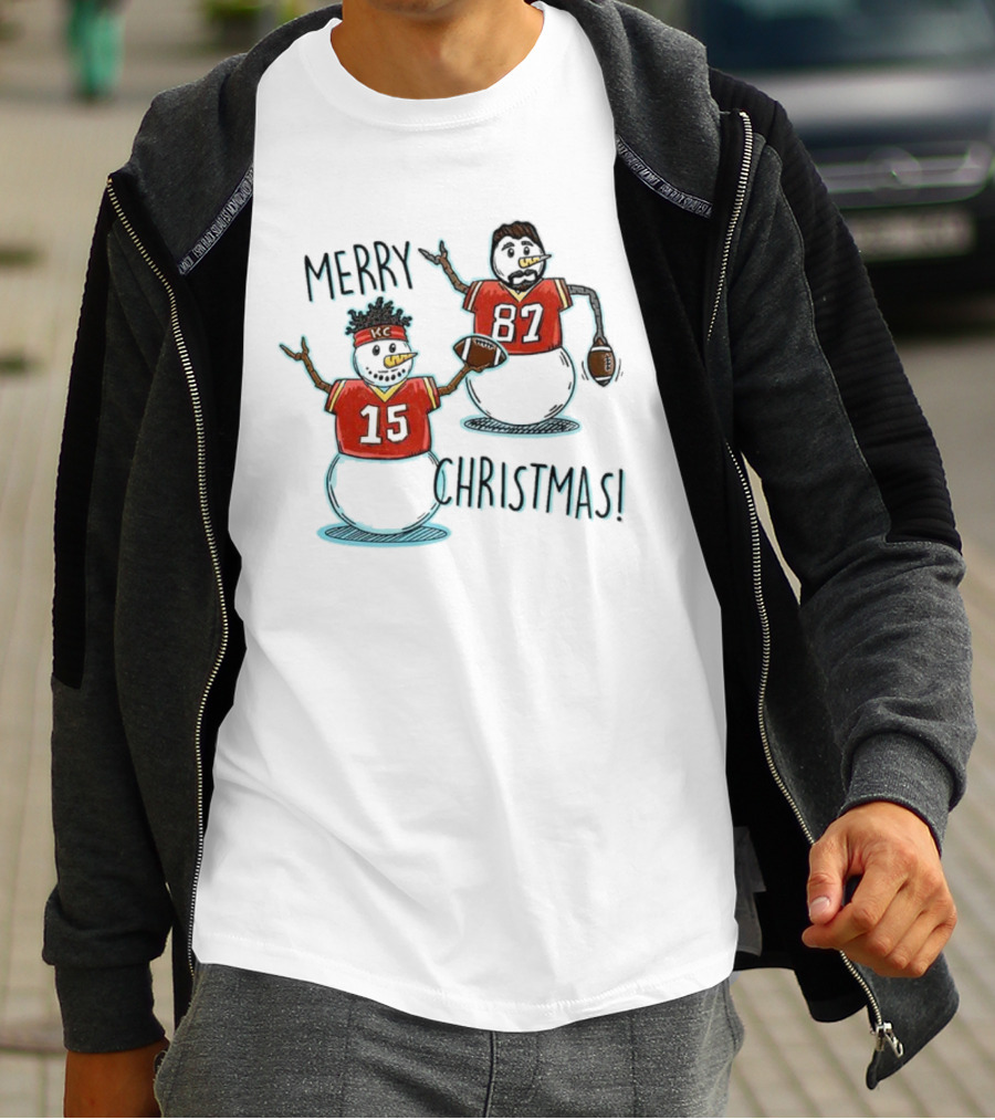 Merry Christmas Mahomes Snowman 15 And 87 Kansas City Football Chiefsmas T-Shirt