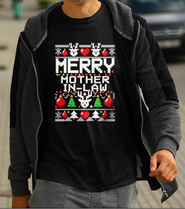 Merry Mother In-Law Christmas Sweater Reindeer Hearts Trees Ornaments T-Shirt