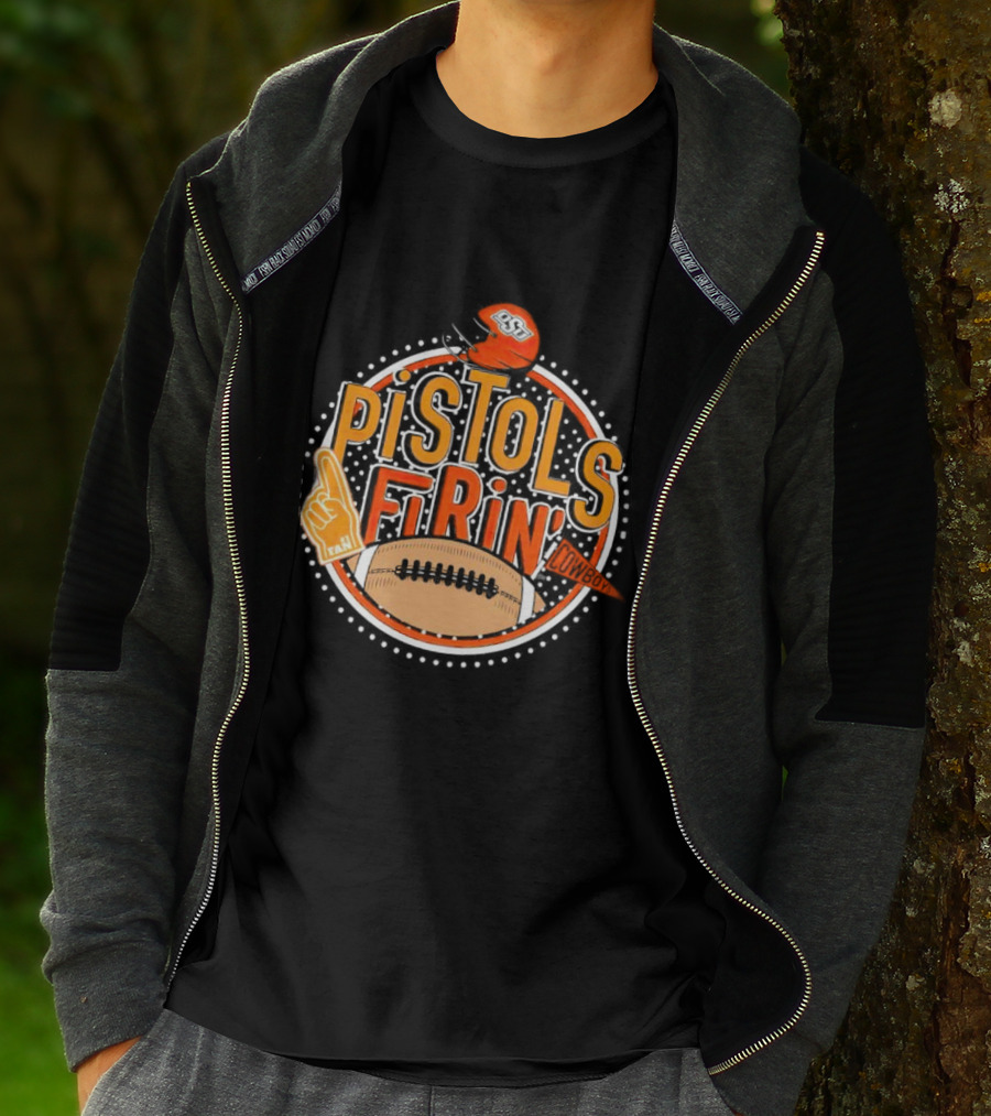 Pistols Firing OSU Cowboys Football Helmet And Foam Finger T-Shirt