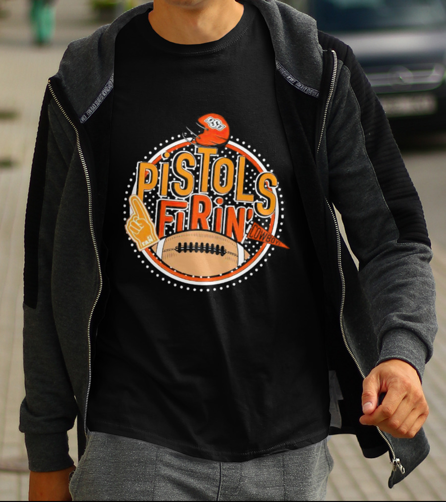 Pistols Firing OSU Cowboys Football Helmet And Foam Finger T-Shirt