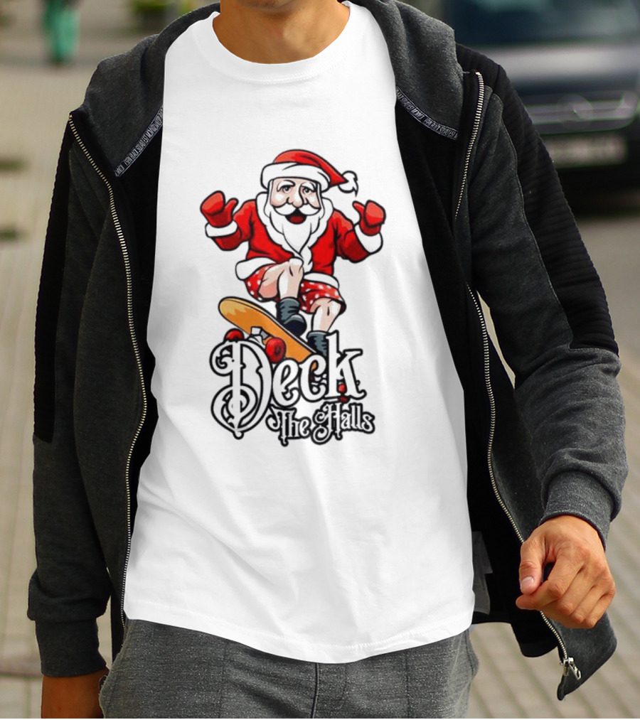 Skateboarding Santa Claus Deck The Halls Christmas Holiday Fun T-Shirt