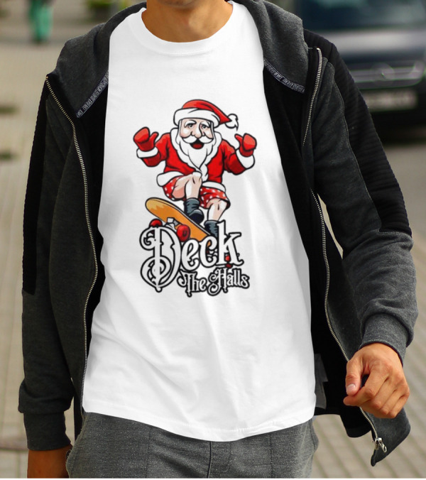 Skateboarding Santa Claus Deck The Halls Christmas Holiday Fun T-Shirt