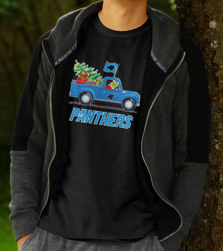 Grinch In Blue Christmas Truck With Carolina Panthers Logo And Tree T-Shirt